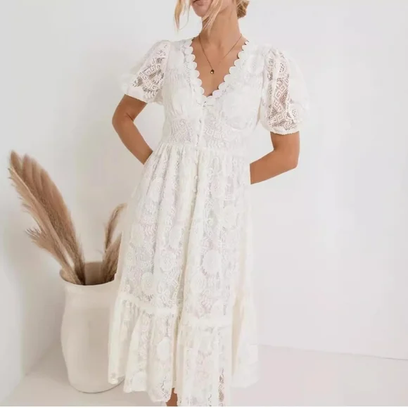 By The River Elegant White Lace Dress‎ Midi Casual Wedding Size Large V-neck - Picture 2 of 15